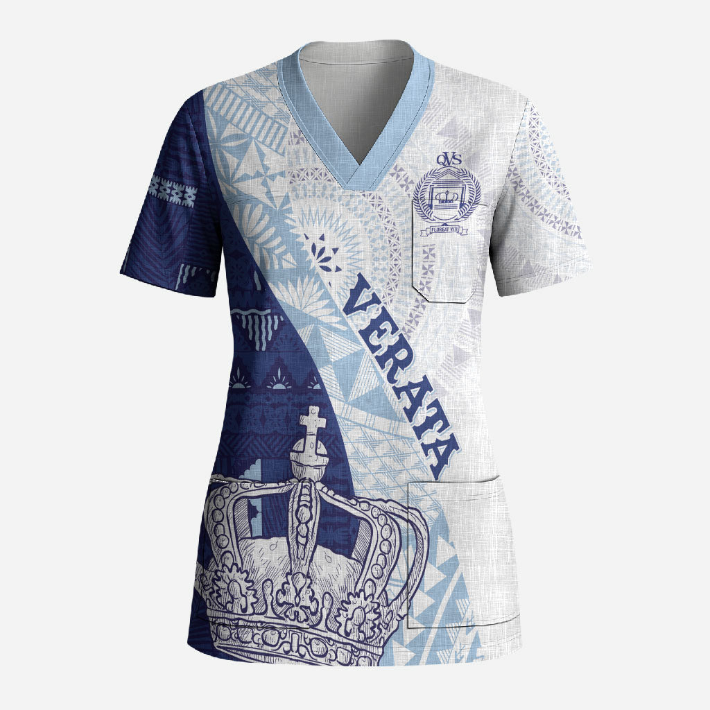 Queen Victoria School Fiji Vulinitu Verata House Scrub Top Masi Tapa LT7 Adult Blue - Polynesian Pride