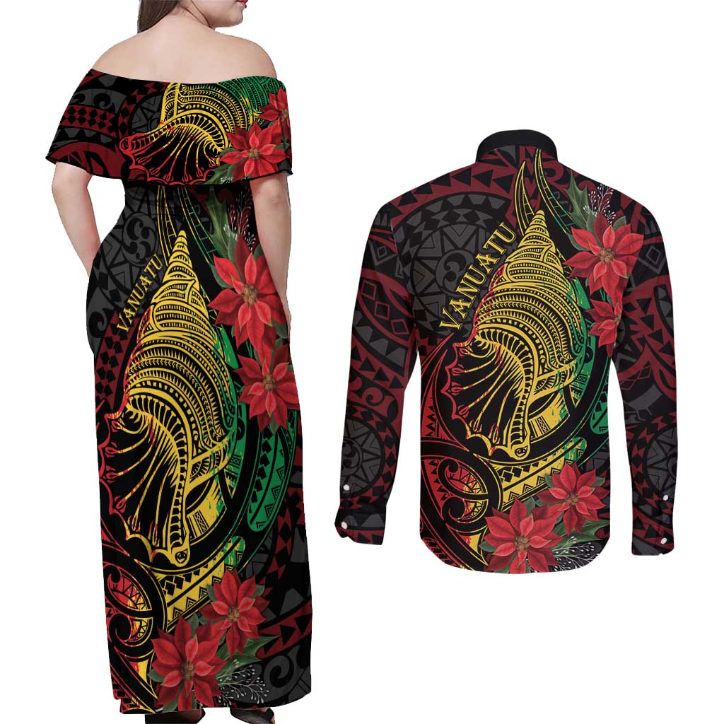 Vanuatu Meri Krismas Couples Matching Off Shoulder Maxi Dress and Long Sleeve Button Shirt Conch Shell Tribal Art LT7 - Polynesian Pride