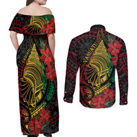 Vanuatu Meri Krismas Couples Matching Off Shoulder Maxi Dress and Long Sleeve Button Shirt Conch Shell Tribal Art LT7 - Polynesian Pride