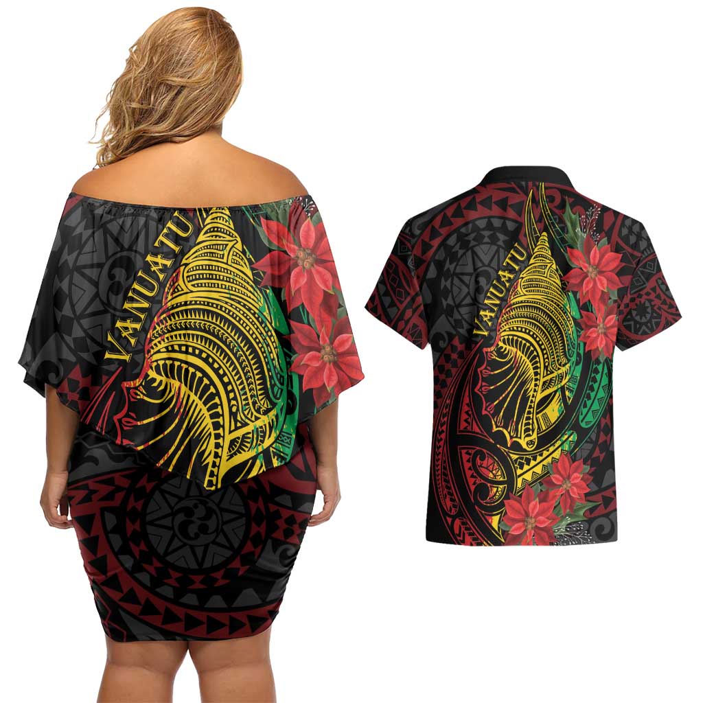 Vanuatu Meri Krismas Couples Matching Off Shoulder Short Dress and Hawaiian Shirt Conch Shell Tribal Art LT7 - Polynesian Pride