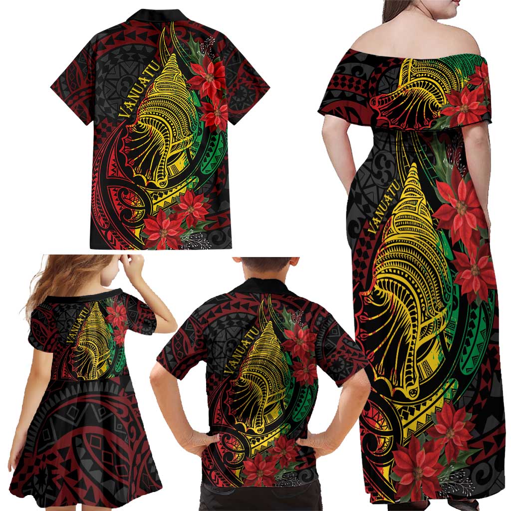 Vanuatu Meri Krismas Family Matching Off Shoulder Maxi Dress and Hawaiian Shirt Conch Shell Tribal Art