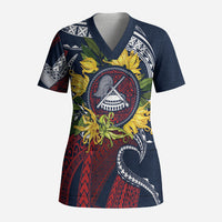 Samoa Moso'oi Flowers Tatau Scrub Top Festive National Color LT7 Adult Blue Red - Polynesian Pride