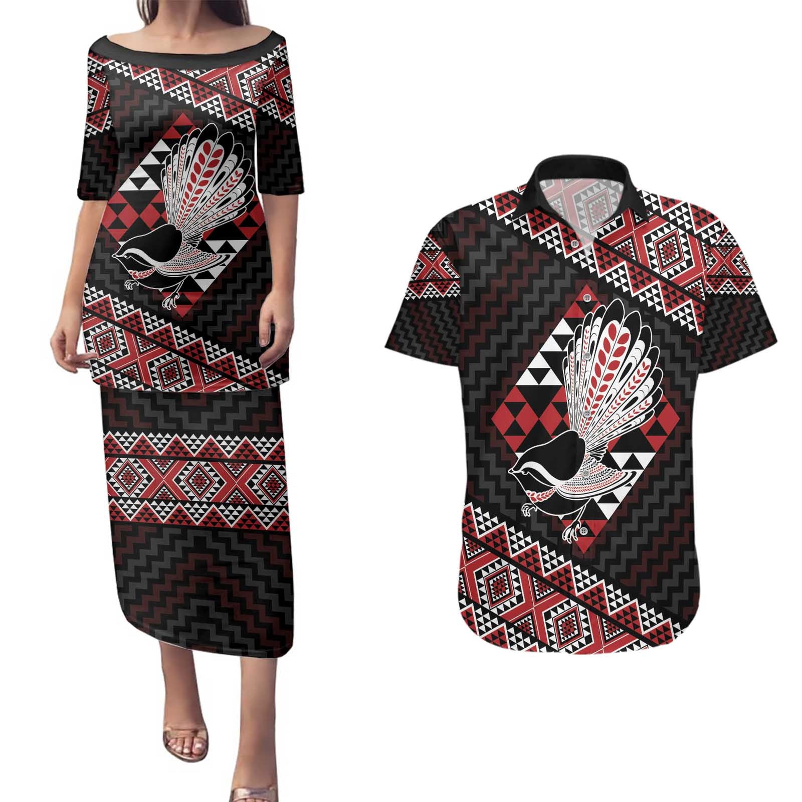 Taniko Aotearoa Couples Matching Puletasi and Hawaiian Shirt Poutama Mix Piwakawaka