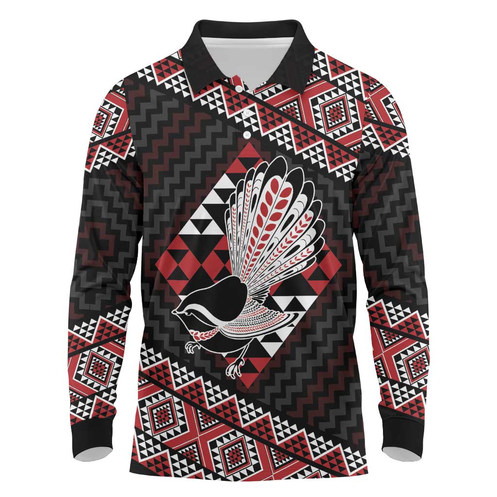 Taniko Aotearoa Long Sleeve Polo Shirt Poutama Mix Piwakawaka LT7 Red - Polynesian Pride