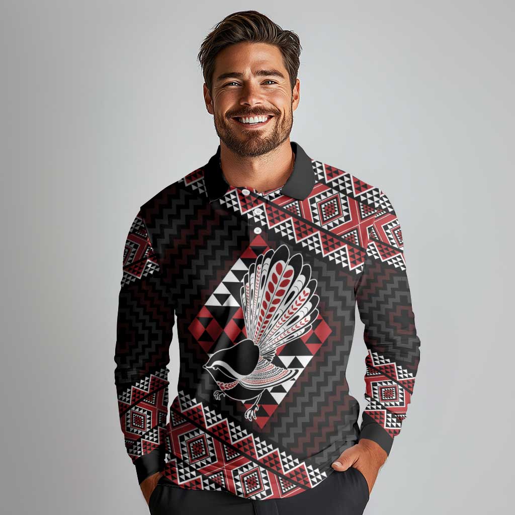 Taniko Aotearoa Long Sleeve Polo Shirt Poutama Mix Piwakawaka LT7 - Polynesian Pride