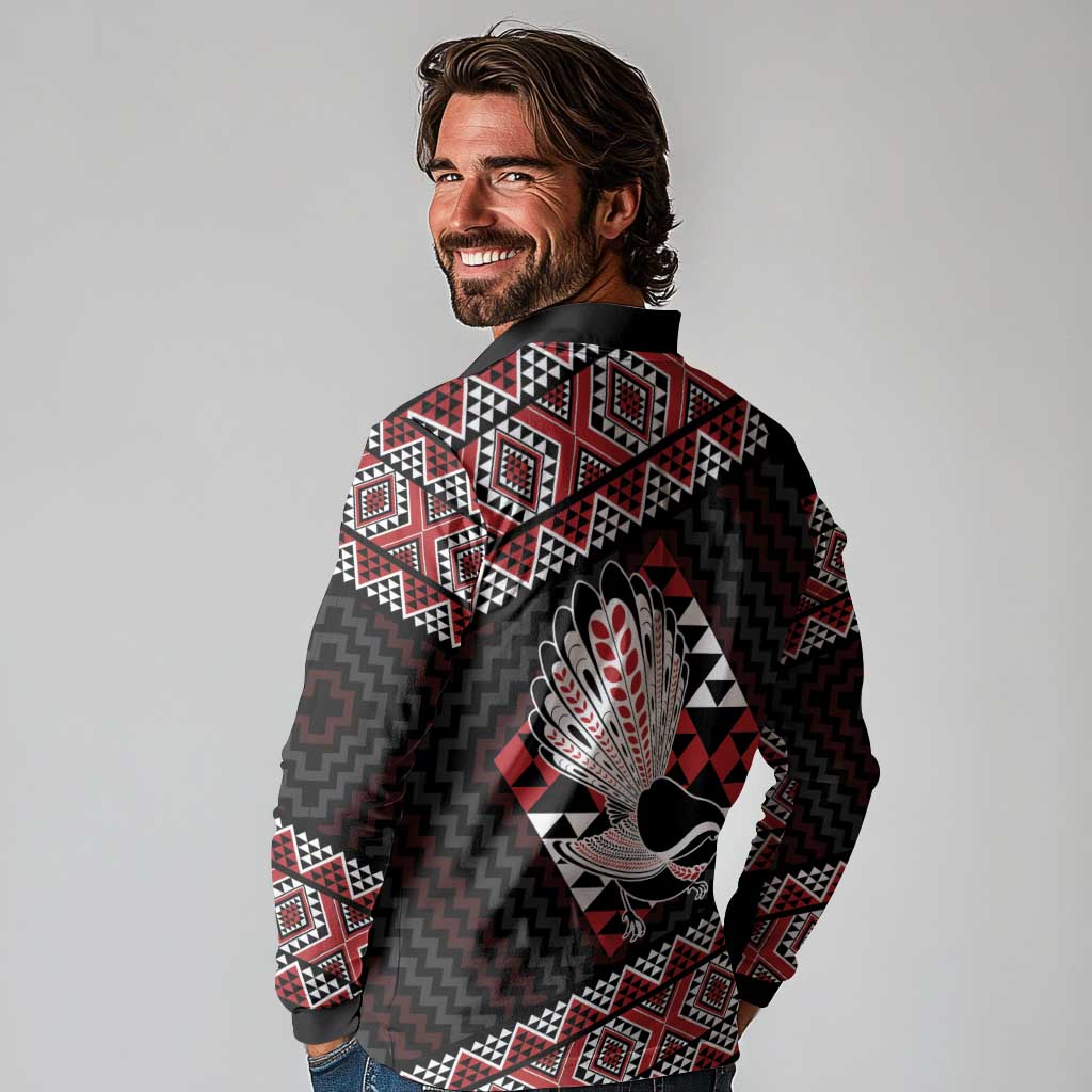 Taniko Aotearoa Long Sleeve Polo Shirt Poutama Mix Piwakawaka LT7 - Polynesian Pride