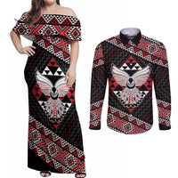 Taniko Aotearoa Couples Matching Off Shoulder Maxi Dress and Long Sleeve Button Shirt Poutama Mix Piwakawaka - Ver02