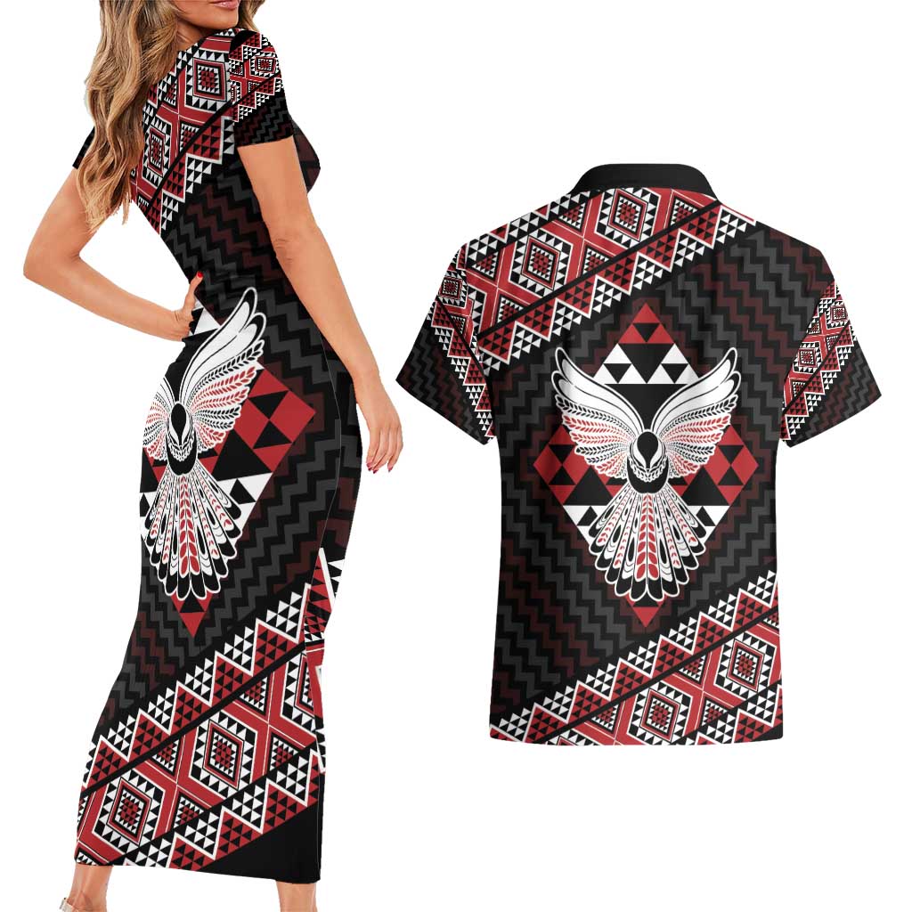 Taniko Aotearoa Couples Matching Short Sleeve Bodycon Dress and Hawaiian Shirt Poutama Mix Piwakawaka - Ver02