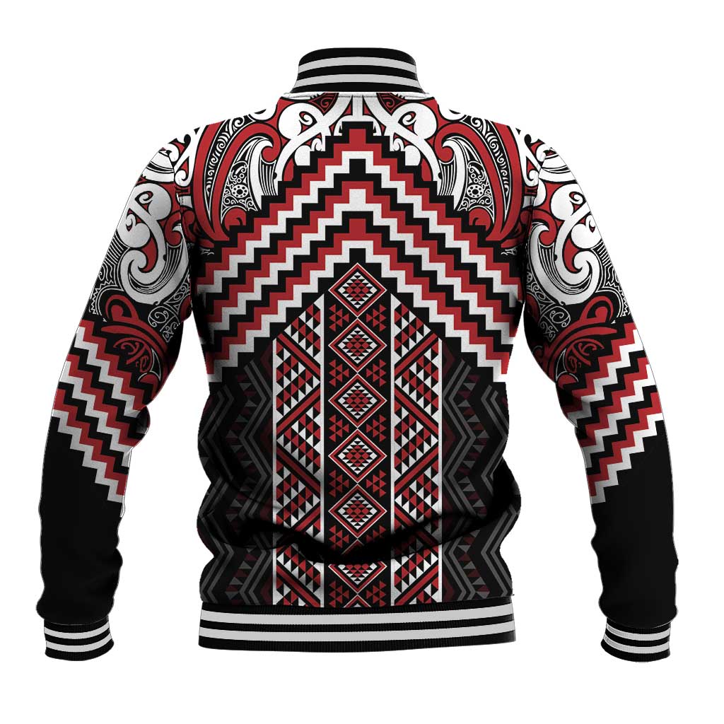 Maori Tukutuku Taniko Motifs Baseball Jacket Red Poutama Mix Kowhaiwhai