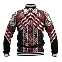 Maori Tukutuku Taniko Motifs Baseball Jacket Red Poutama Mix Kowhaiwhai