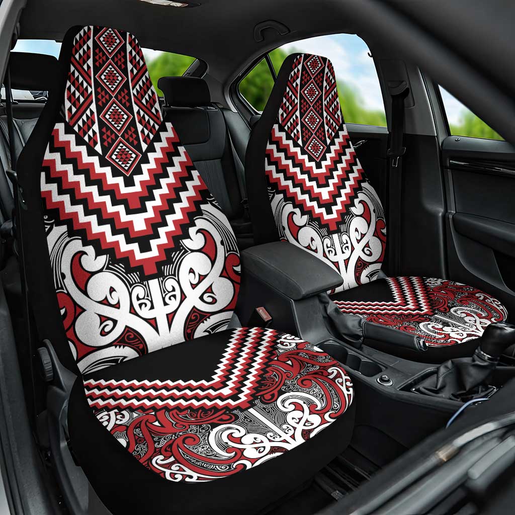 Maori Tukutuku Taniko Motifs Car Seat Cover Red Poutama Mix Kowhaiwhai