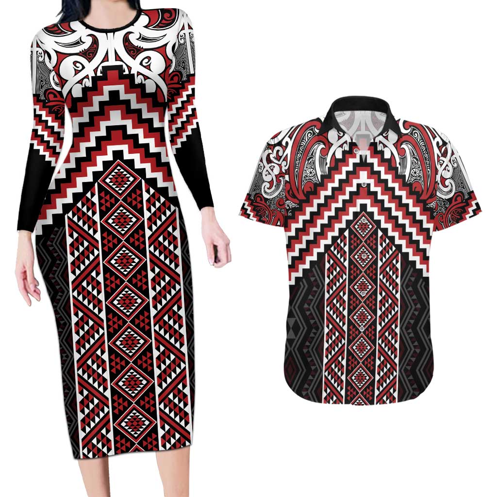 Maori Tukutuku Taniko Motifs Couples Matching Long Sleeve Bodycon Dress and Hawaiian Shirt Red Poutama Mix Kowhaiwhai