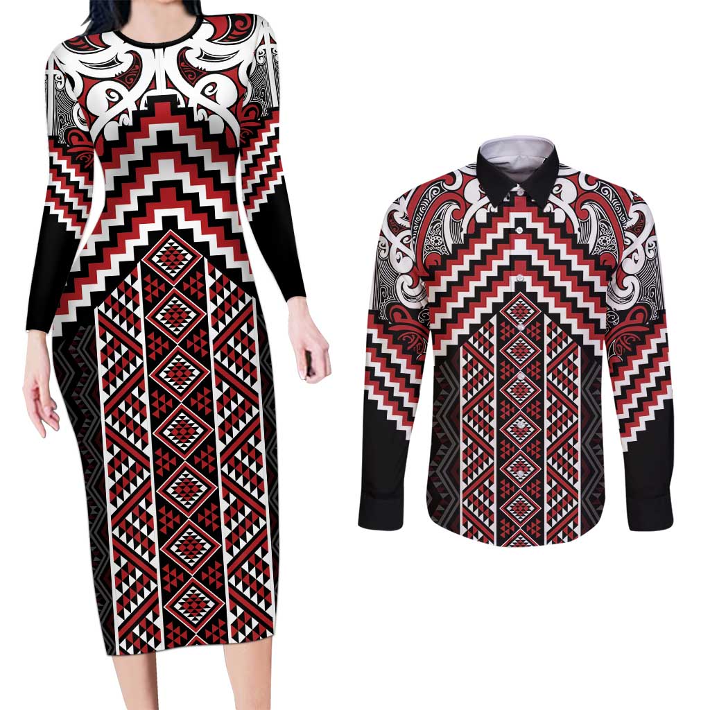 Maori Tukutuku Taniko Motifs Couples Matching Long Sleeve Bodycon Dress and Long Sleeve Button Shirt Red Poutama Mix Kowhaiwhai