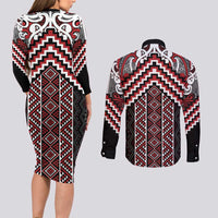 Maori Tukutuku Taniko Motifs Couples Matching Long Sleeve Bodycon Dress and Long Sleeve Button Shirt Red Poutama Mix Kowhaiwhai