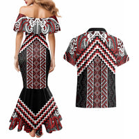 Maori Tukutuku Taniko Motifs Couples Matching Mermaid Dress and Hawaiian Shirt Red Poutama Mix Kowhaiwhai