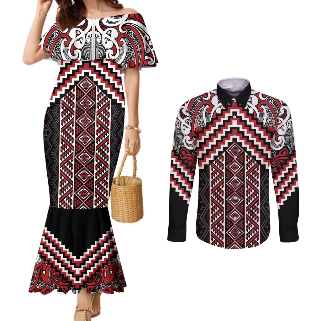 Maori Tukutuku Taniko Motifs Couples Matching Mermaid Dress and Long Sleeve Button Shirt Red Poutama Mix Kowhaiwhai