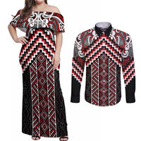 Maori Tukutuku Taniko Motifs Couples Matching Off Shoulder Maxi Dress and Long Sleeve Button Shirt Red Poutama Mix Kowhaiwhai