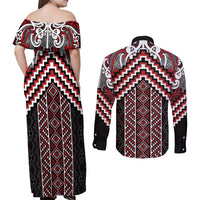 Maori Tukutuku Taniko Motifs Couples Matching Off Shoulder Maxi Dress and Long Sleeve Button Shirt Red Poutama Mix Kowhaiwhai