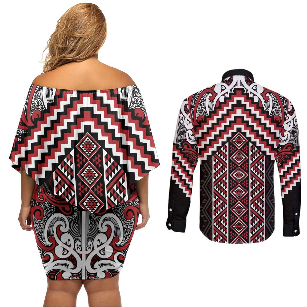 Maori Tukutuku Taniko Motifs Couples Matching Off Shoulder Short Dress and Long Sleeve Button Shirt Red Poutama Mix Kowhaiwhai