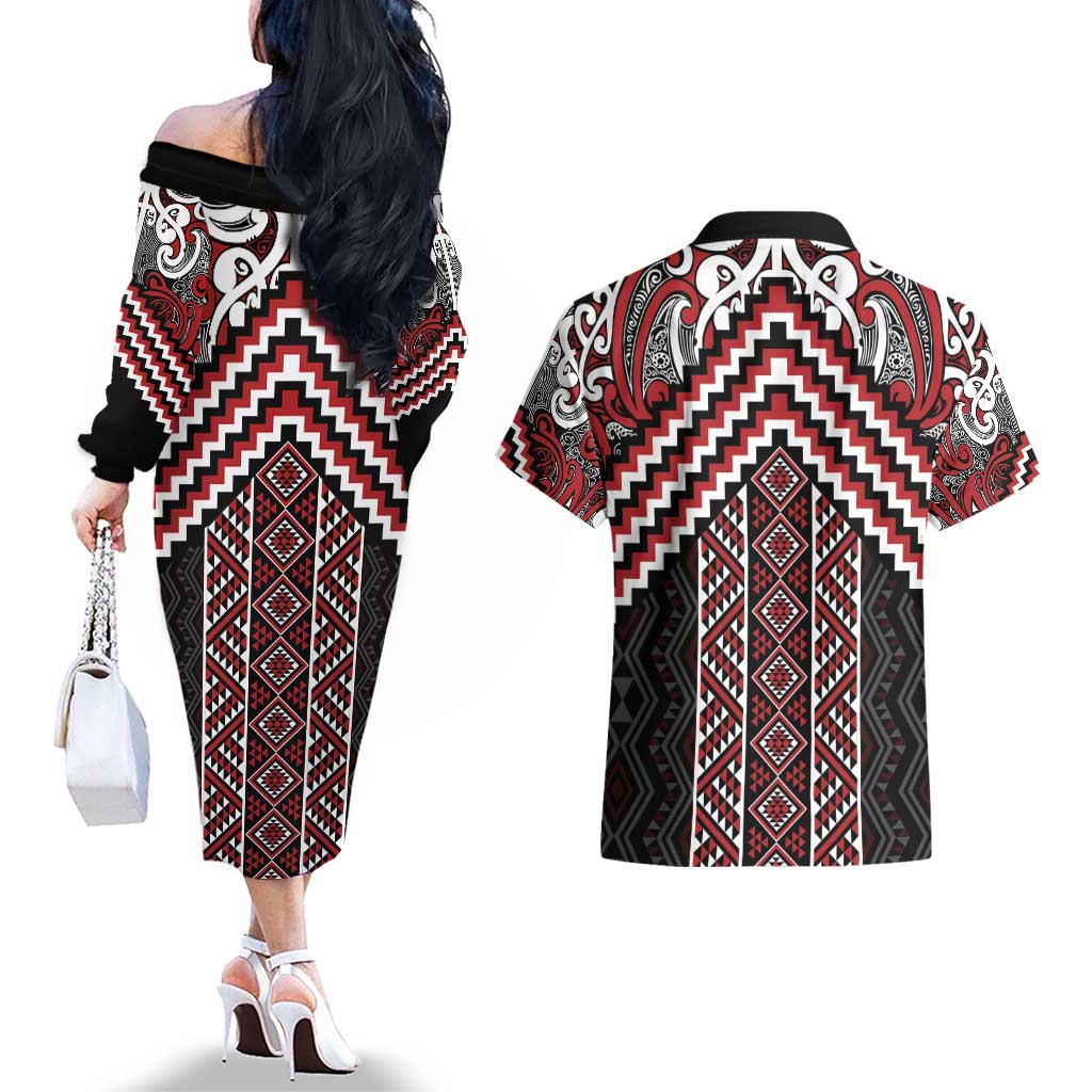 Maori Tukutuku Taniko Motifs Couples Matching Off The Shoulder Long Sleeve Dress and Hawaiian Shirt Red Poutama Mix Kowhaiwhai