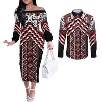 Maori Tukutuku Taniko Motifs Couples Matching Off The Shoulder Long Sleeve Dress and Long Sleeve Button Shirt Red Poutama Mix Kowhaiwhai