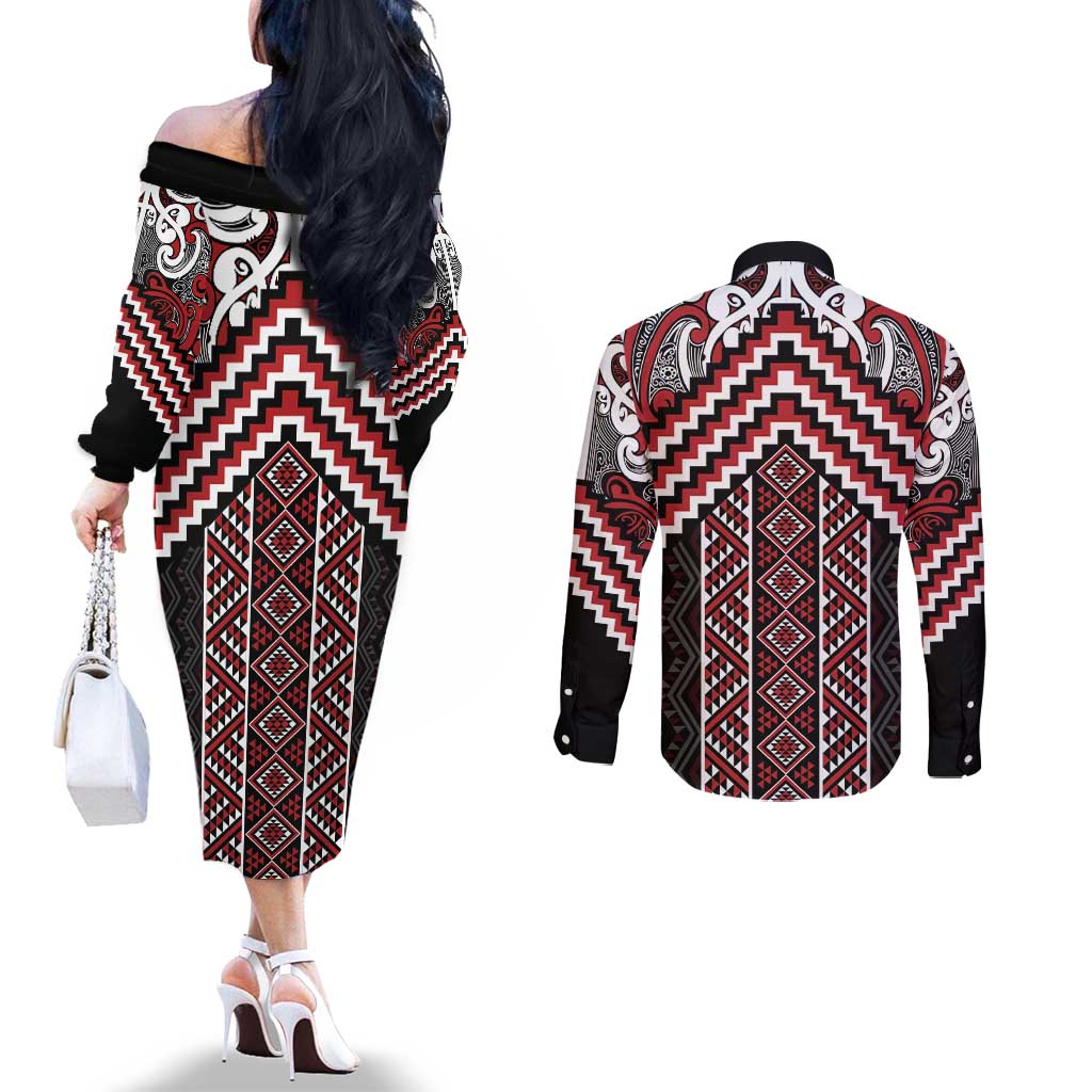 Maori Tukutuku Taniko Motifs Couples Matching Off The Shoulder Long Sleeve Dress and Long Sleeve Button Shirt Red Poutama Mix Kowhaiwhai