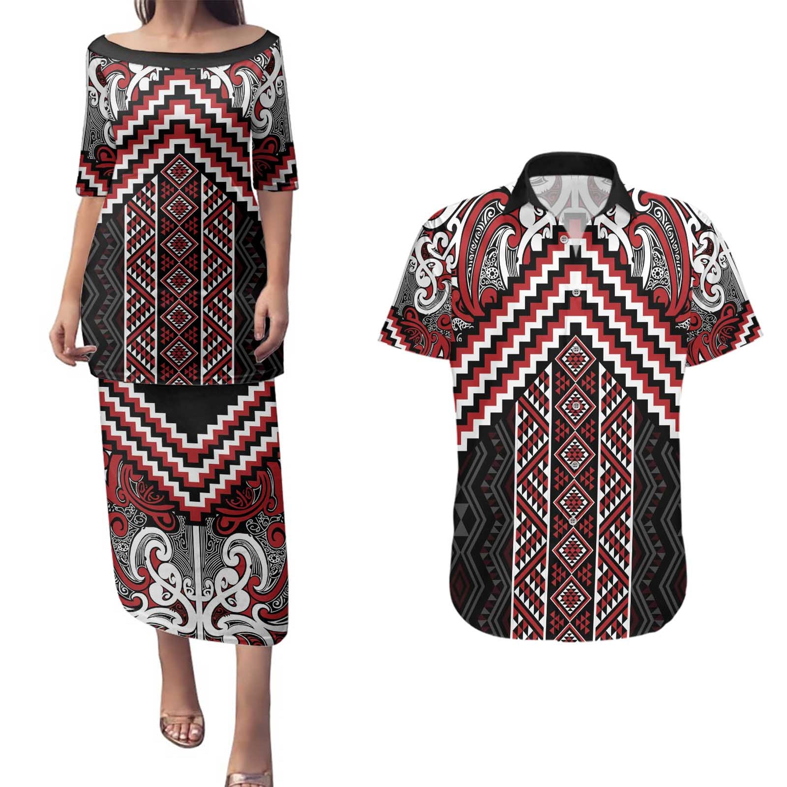 Maori Tukutuku Taniko Motifs Couples Matching Puletasi and Hawaiian Shirt Red Poutama Mix Kowhaiwhai