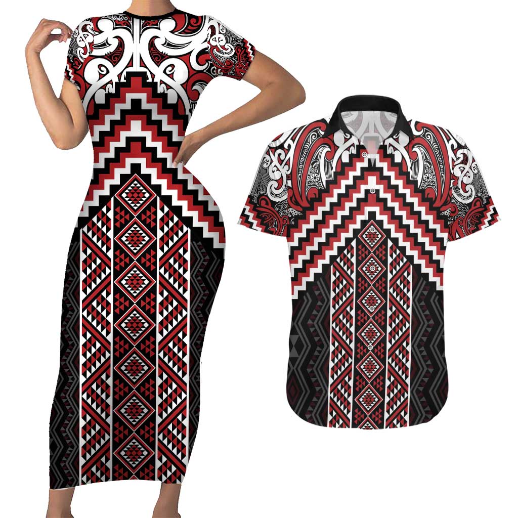 Maori Tukutuku Taniko Motifs Couples Matching Short Sleeve Bodycon Dress and Hawaiian Shirt Red Poutama Mix Kowhaiwhai