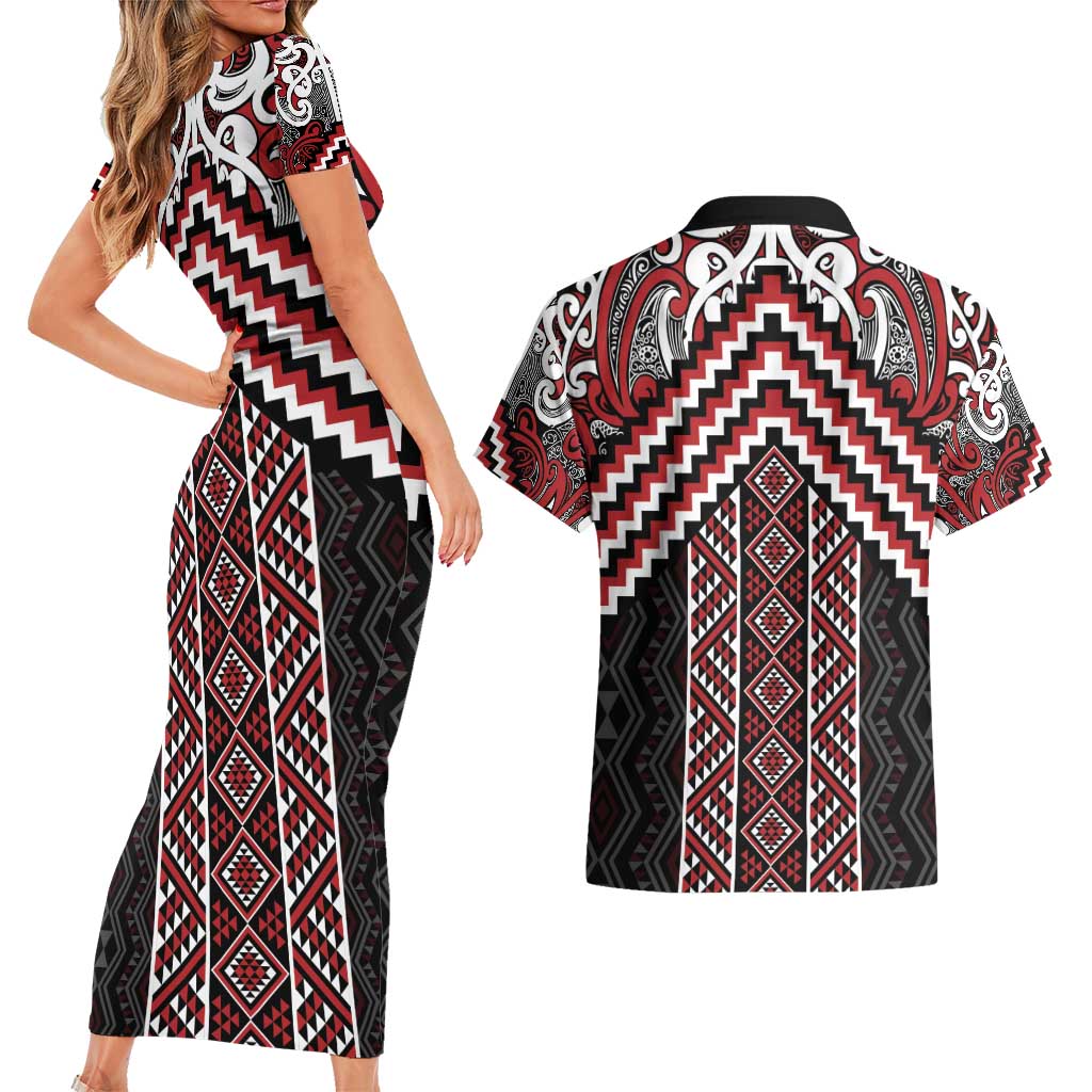 Maori Tukutuku Taniko Motifs Couples Matching Short Sleeve Bodycon Dress and Hawaiian Shirt Red Poutama Mix Kowhaiwhai
