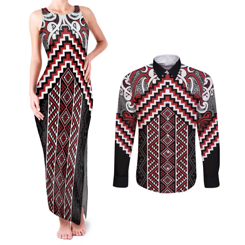 Maori Tukutuku Taniko Motifs Couples Matching Tank Maxi Dress and Long Sleeve Button Shirt Red Poutama Mix Kowhaiwhai