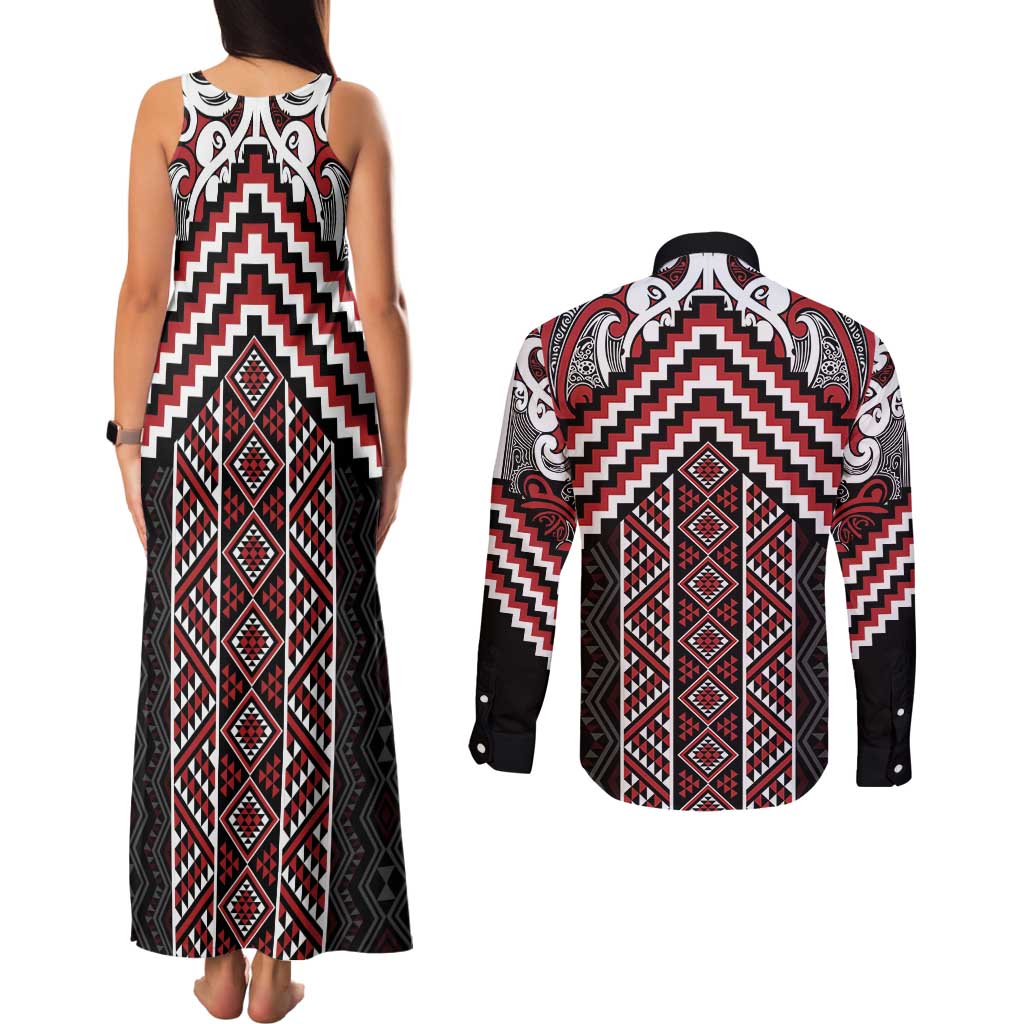 Maori Tukutuku Taniko Motifs Couples Matching Tank Maxi Dress and Long Sleeve Button Shirt Red Poutama Mix Kowhaiwhai