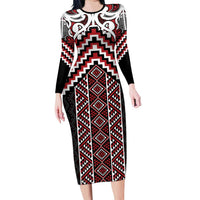 Maori Tukutuku Taniko Motifs Family Matching Long Sleeve Bodycon Dress and Hawaiian Shirt Red Poutama Mix Kowhaiwhai