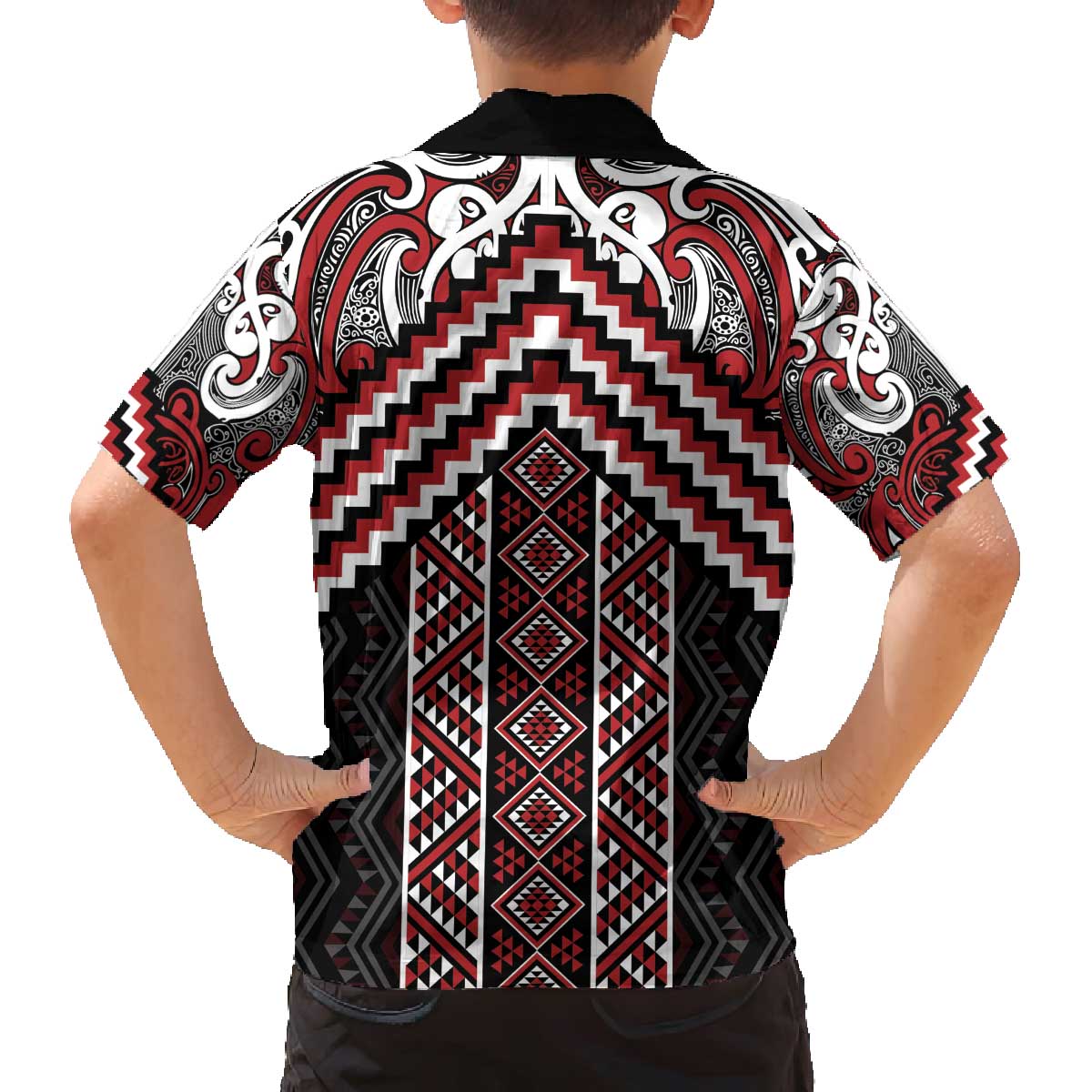 Maori Tukutuku Taniko Motifs Family Matching Off The Shoulder Long Sleeve Dress and Hawaiian Shirt Red Poutama Mix Kowhaiwhai