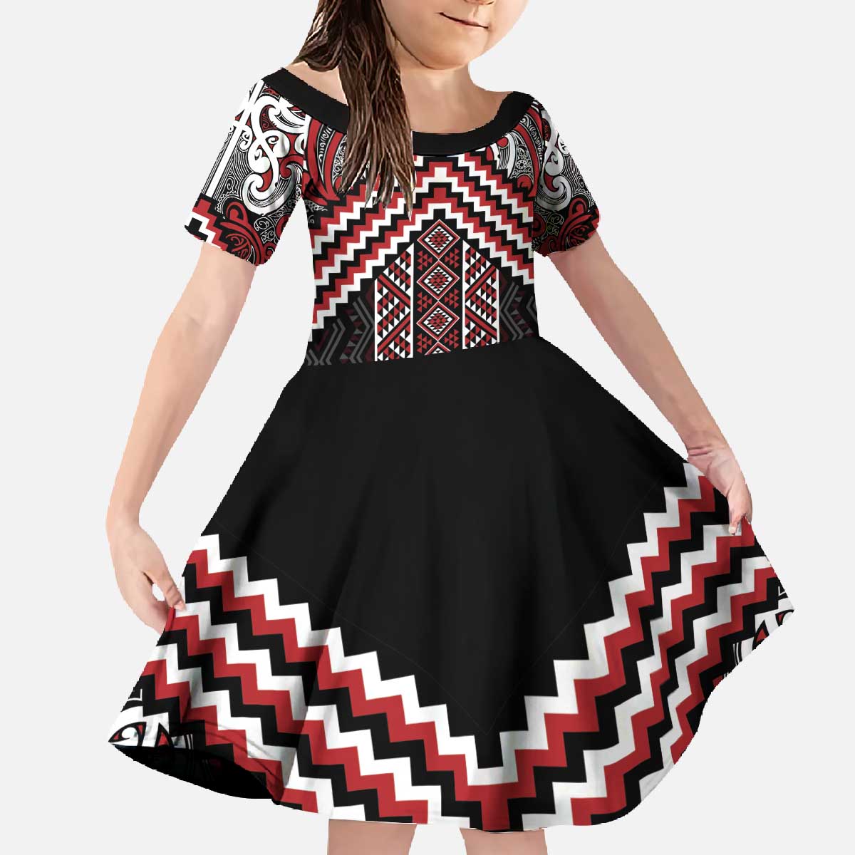 Maori Tukutuku Taniko Motifs Family Matching Off The Shoulder Long Sleeve Dress and Hawaiian Shirt Red Poutama Mix Kowhaiwhai