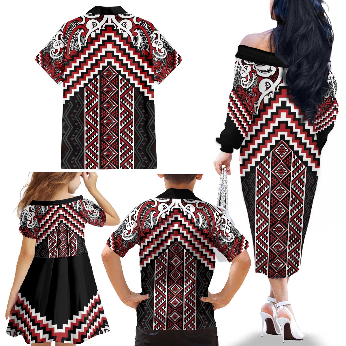 Maori Tukutuku Taniko Motifs Family Matching Off The Shoulder Long Sleeve Dress and Hawaiian Shirt Red Poutama Mix Kowhaiwhai