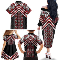Maori Tukutuku Taniko Motifs Family Matching Off The Shoulder Long Sleeve Dress and Hawaiian Shirt Red Poutama Mix Kowhaiwhai