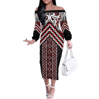 Maori Tukutuku Taniko Motifs Family Matching Off The Shoulder Long Sleeve Dress and Hawaiian Shirt Red Poutama Mix Kowhaiwhai