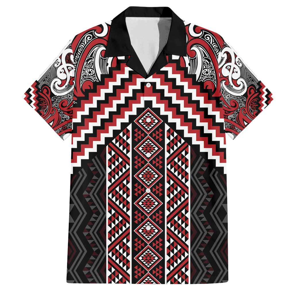 Maori Tukutuku Taniko Motifs Family Matching Off Shoulder Maxi Dress and Hawaiian Shirt Red Poutama Mix Kowhaiwhai