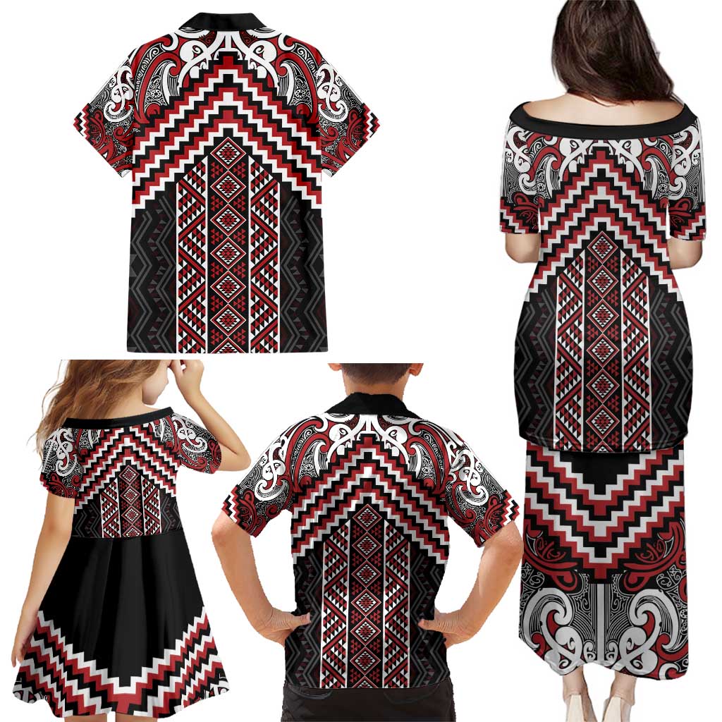 Maori Tukutuku Taniko Motifs Family Matching Puletasi and Hawaiian Shirt Red Poutama Mix Kowhaiwhai