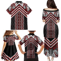 Maori Tukutuku Taniko Motifs Family Matching Puletasi and Hawaiian Shirt Red Poutama Mix Kowhaiwhai