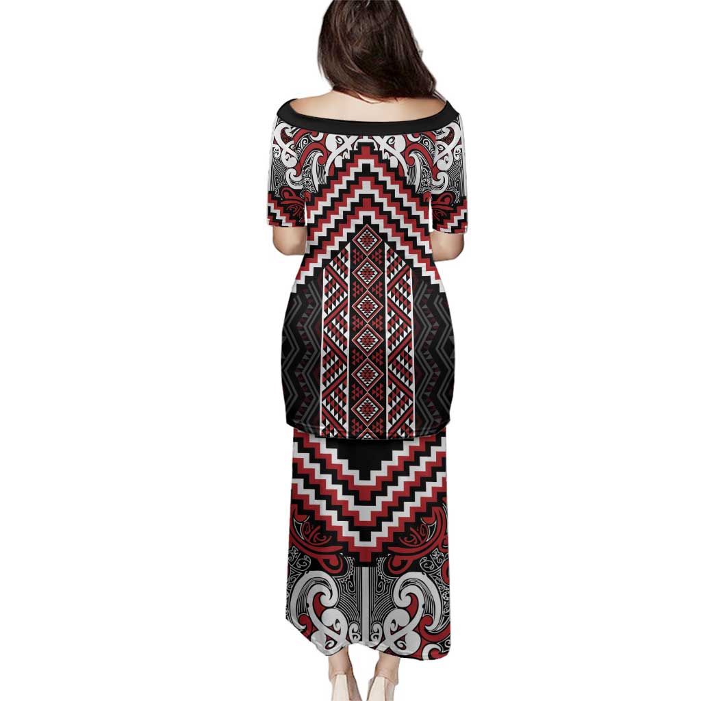 Maori Tukutuku Taniko Motifs Family Matching Puletasi and Hawaiian Shirt Red Poutama Mix Kowhaiwhai