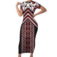 Maori Tukutuku Taniko Motifs Family Matching Short Sleeve Bodycon Dress and Hawaiian Shirt Red Poutama Mix Kowhaiwhai
