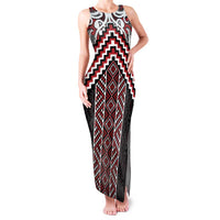 Maori Tukutuku Taniko Motifs Family Matching Tank Maxi Dress and Hawaiian Shirt Red Poutama Mix Kowhaiwhai