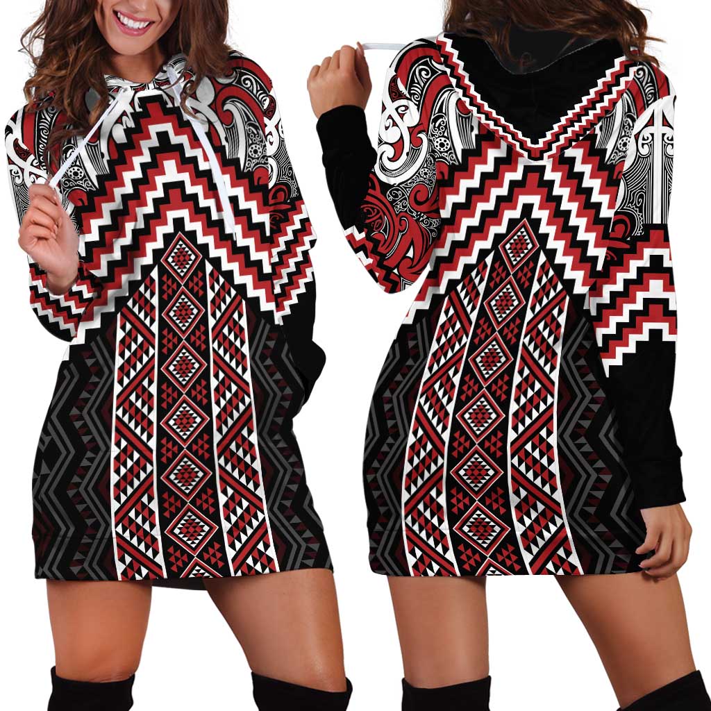 Maori Tukutuku Taniko Motifs Hoodie Dress Red Poutama Mix Kowhaiwhai