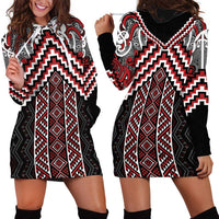 Maori Tukutuku Taniko Motifs Hoodie Dress Red Poutama Mix Kowhaiwhai
