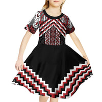 Maori Tukutuku Taniko Motifs Kid Short Sleeve Dress Red Poutama Mix Kowhaiwhai