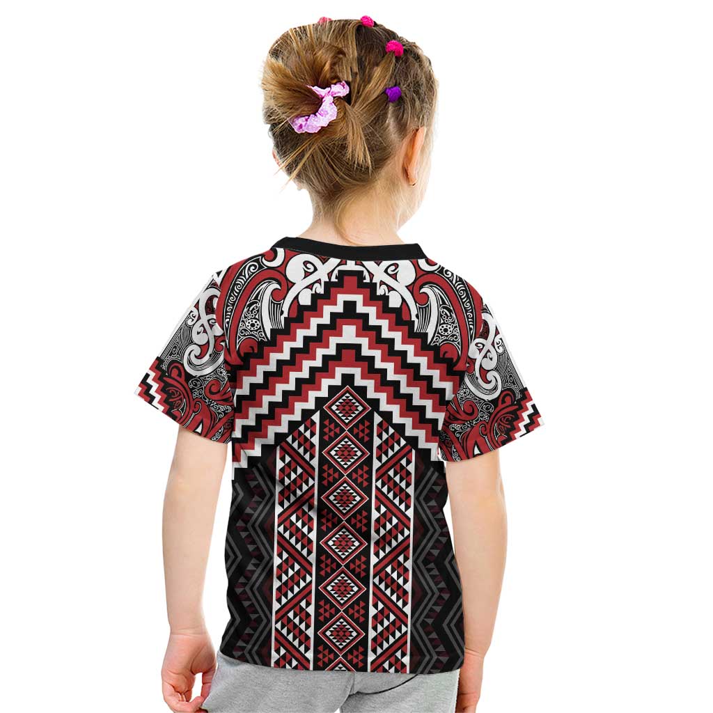 Maori Tukutuku Taniko Motifs Kid T Shirt Red Poutama Mix Kowhaiwhai