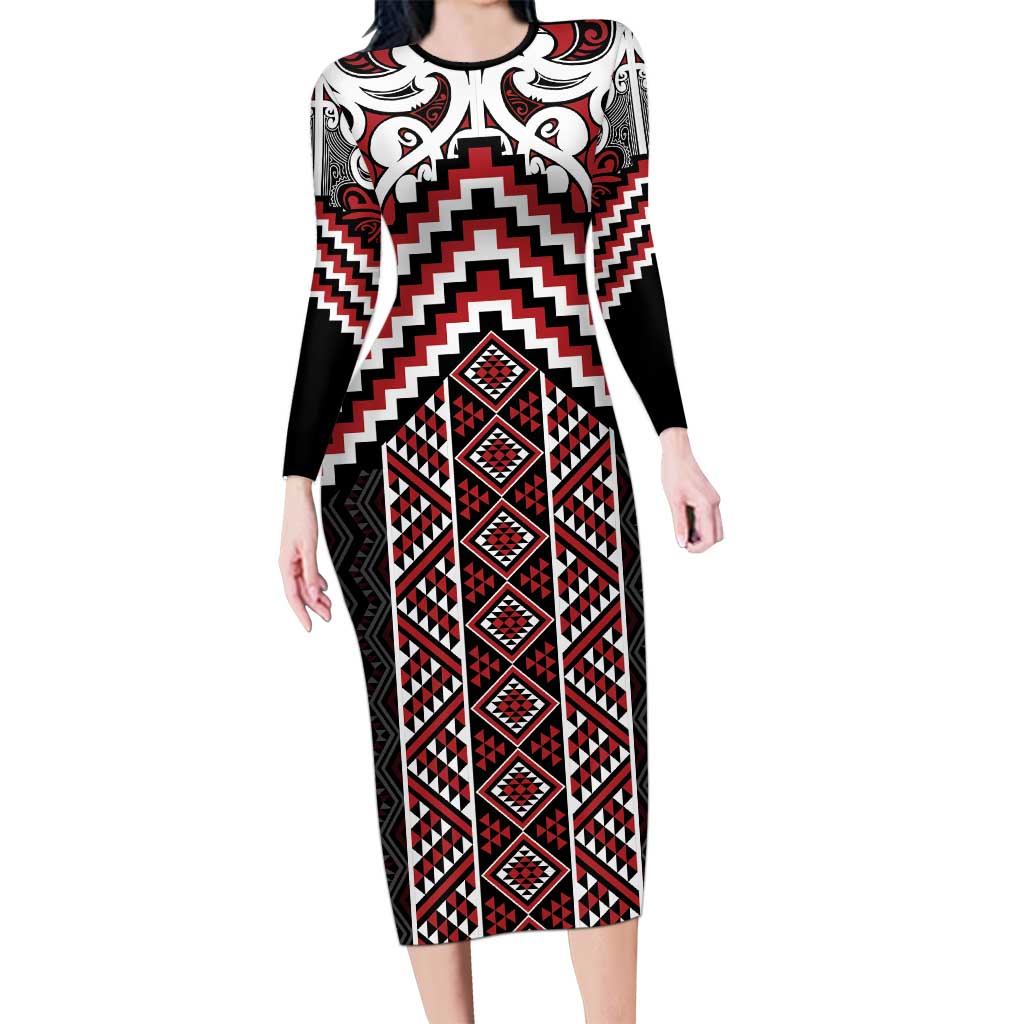 Maori Tukutuku Taniko Motifs Long Sleeve Bodycon Dress Red Poutama Mix Kowhaiwhai