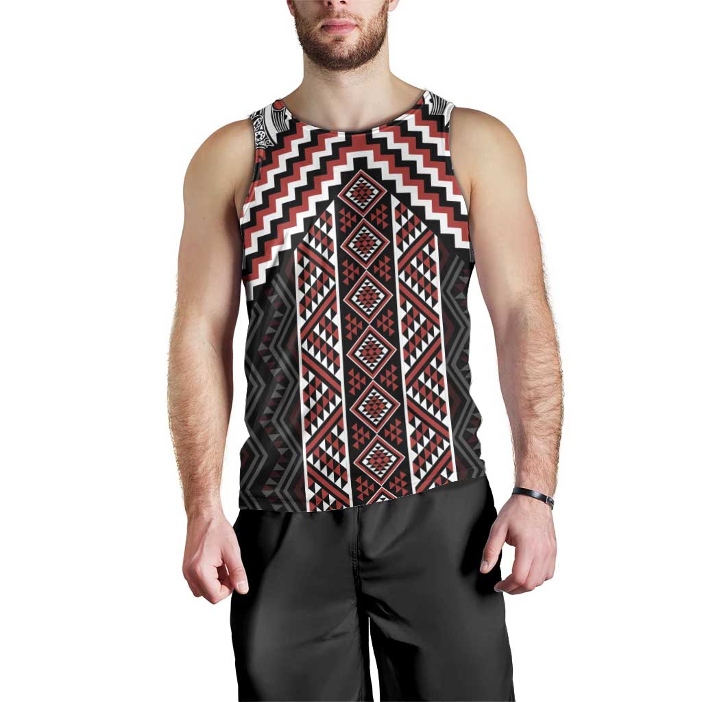 Maori Tukutuku Taniko Motifs Men Tank Top Red Poutama Mix Kowhaiwhai