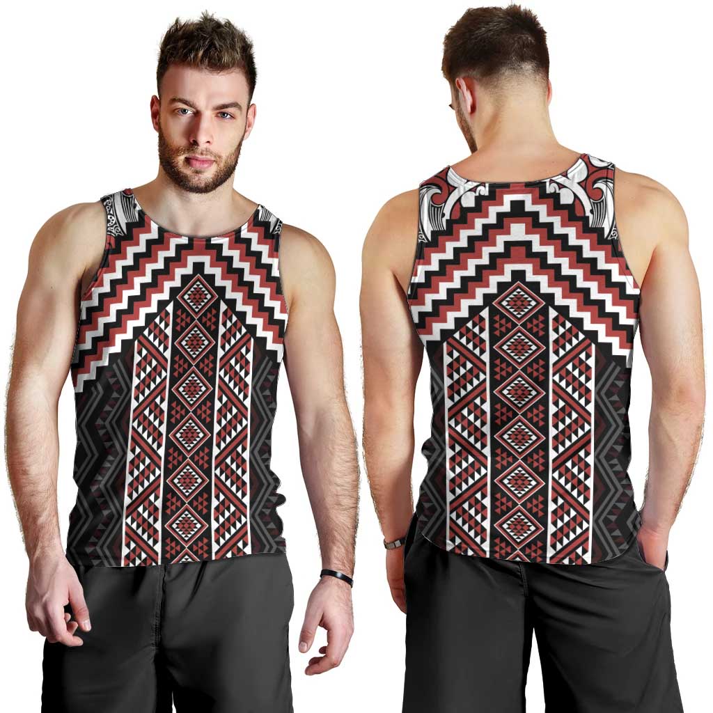 Maori Tukutuku Taniko Motifs Men Tank Top Red Poutama Mix Kowhaiwhai